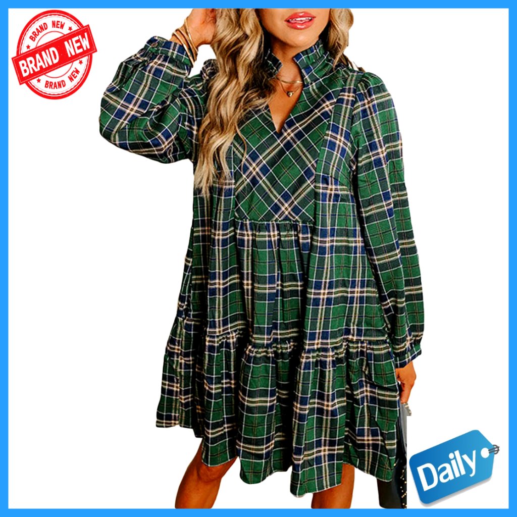 Flowy Ruffle 3/4 Sleeve V Neck Tiered Babydoll Mini Dress Loose Fit